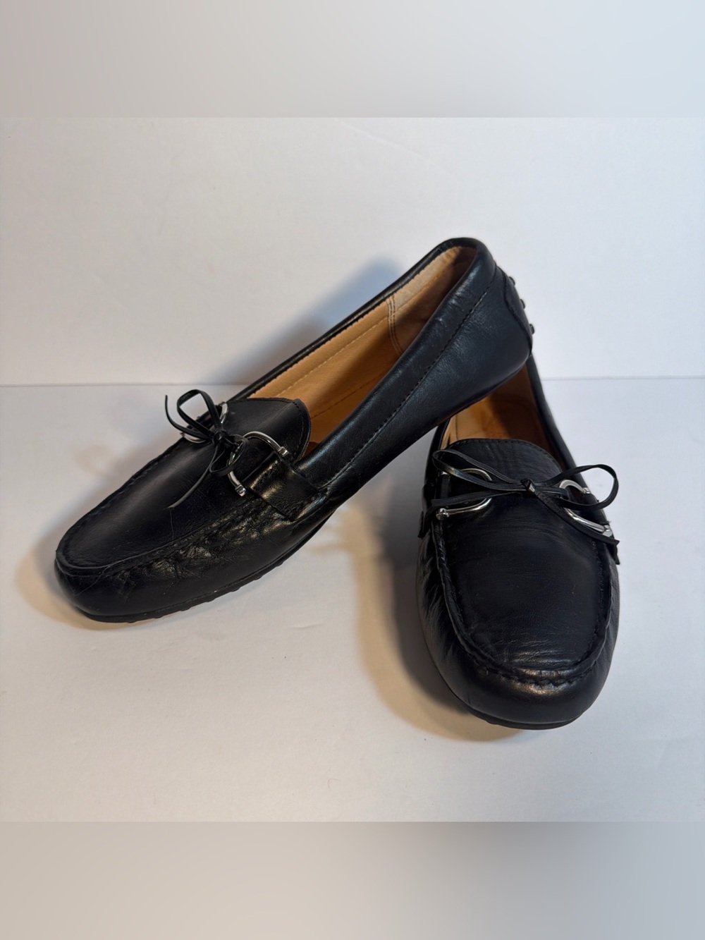 Lauren Ralph Lauren Black Driving Moccs Horse Bit Loafer Bows Leather 7.5 Briley